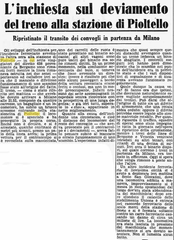 deragliamento 1958 indagini